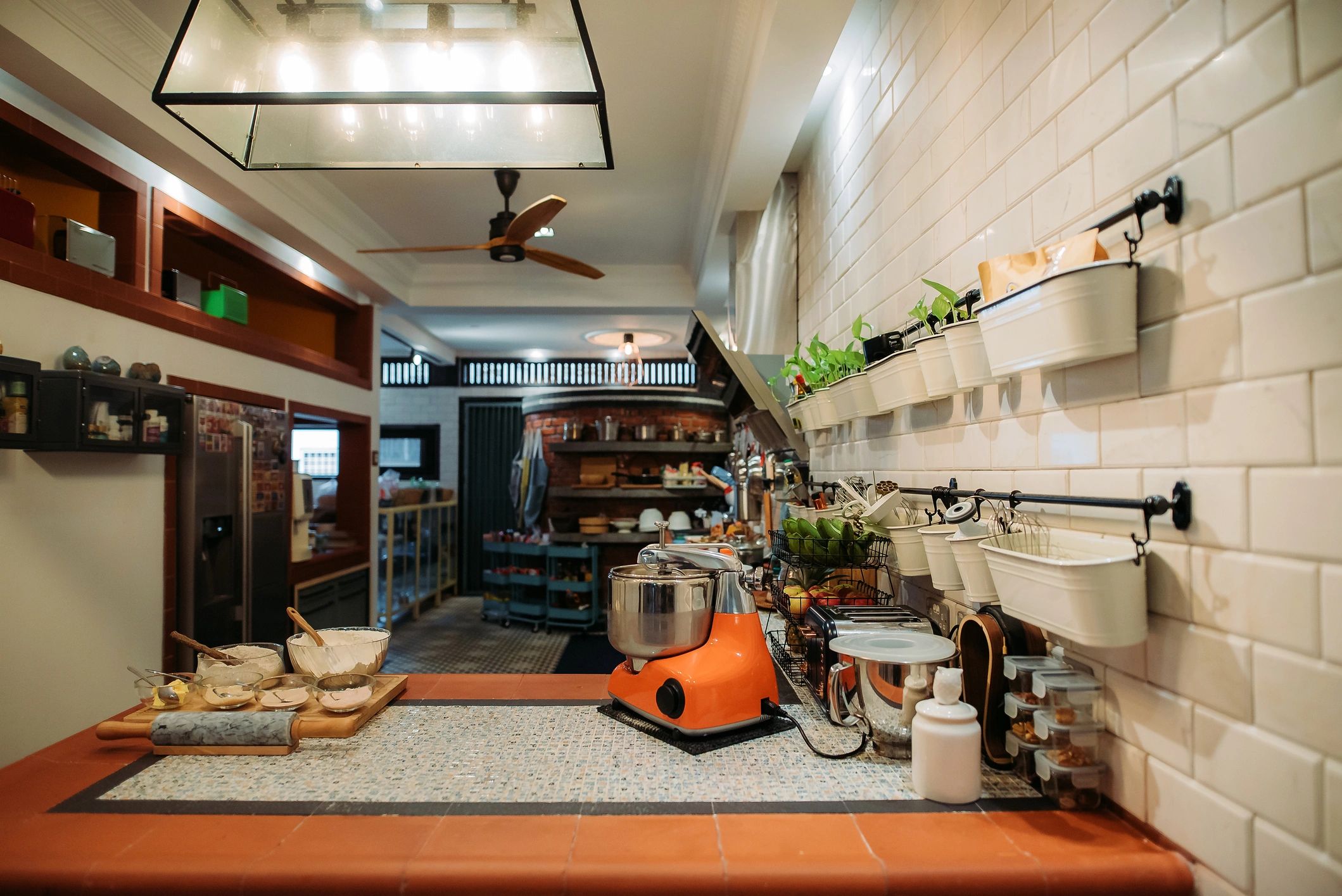 Warm-lit kitchen workspace