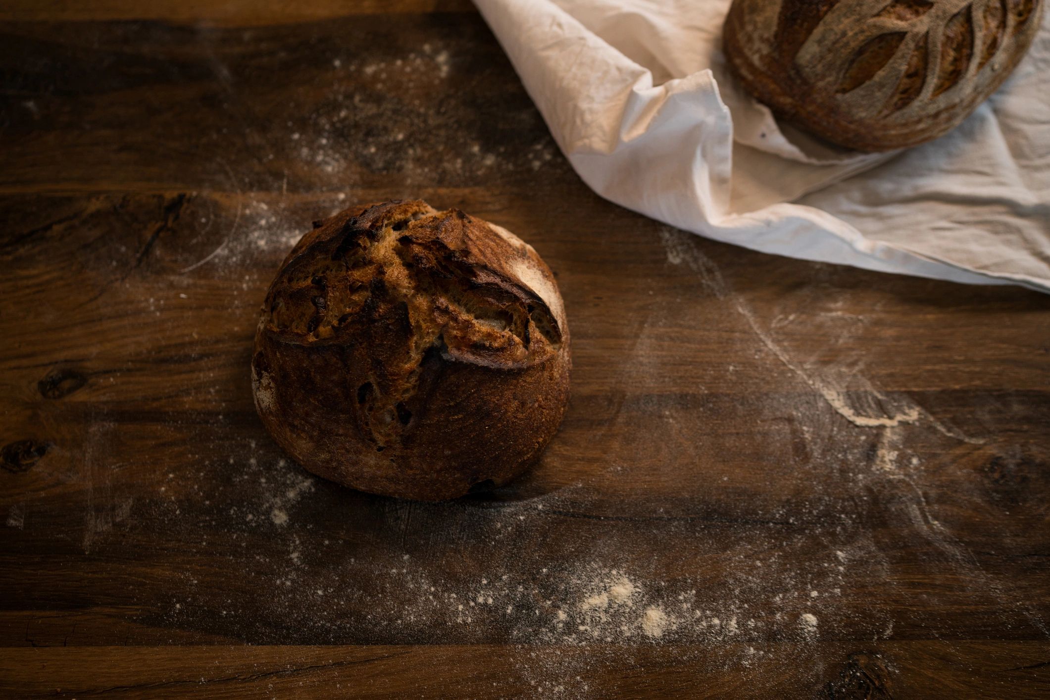 Fresh sourdough loaves on a wooden table