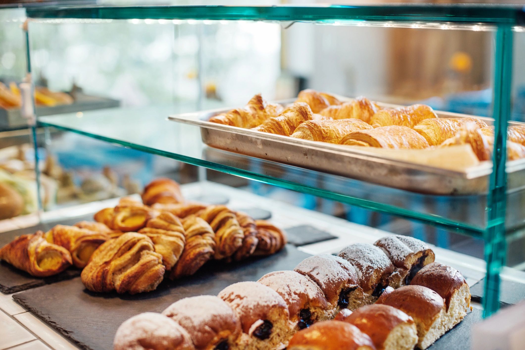 Fresh baked goods in a glass display cabinet